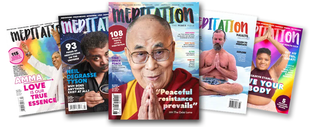 A fan of Meditation Magazine issues, with the Dalai Lama on the center cover