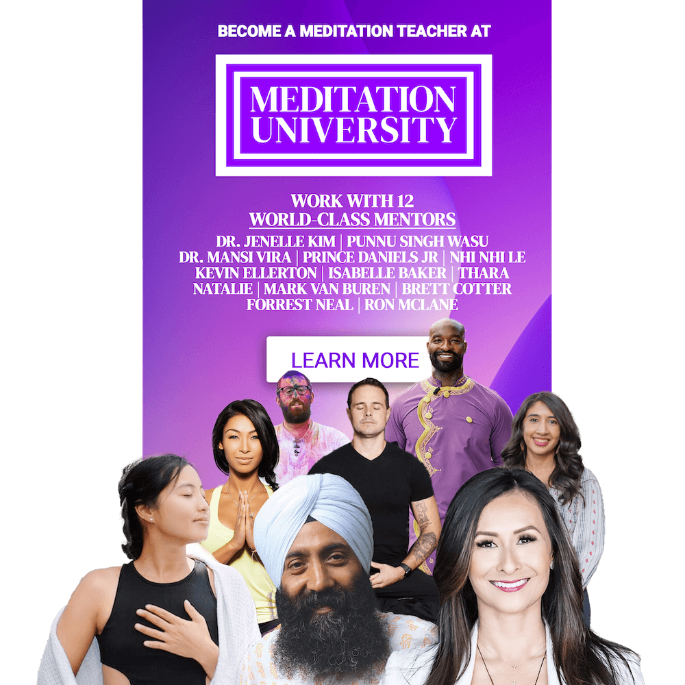 Meditation University flyer: Become a meditation teacher and work with 12 world-class mentors, with portraits of the teaching team